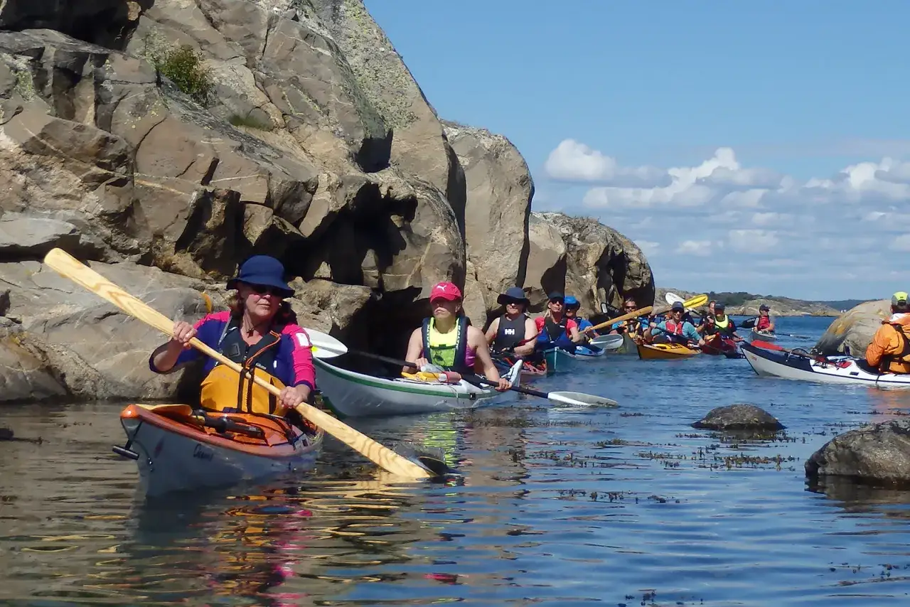 Grupp paddlar kajak vid Lysekil, med klippor och bl&aring; himmel.