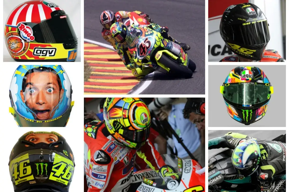Colecci&oacute;n de los mejores cascos de Valentino Rossi, con dise&ntilde;os ic&oacute;nicos y vibrantes que reflejan su personalidad en la pista.