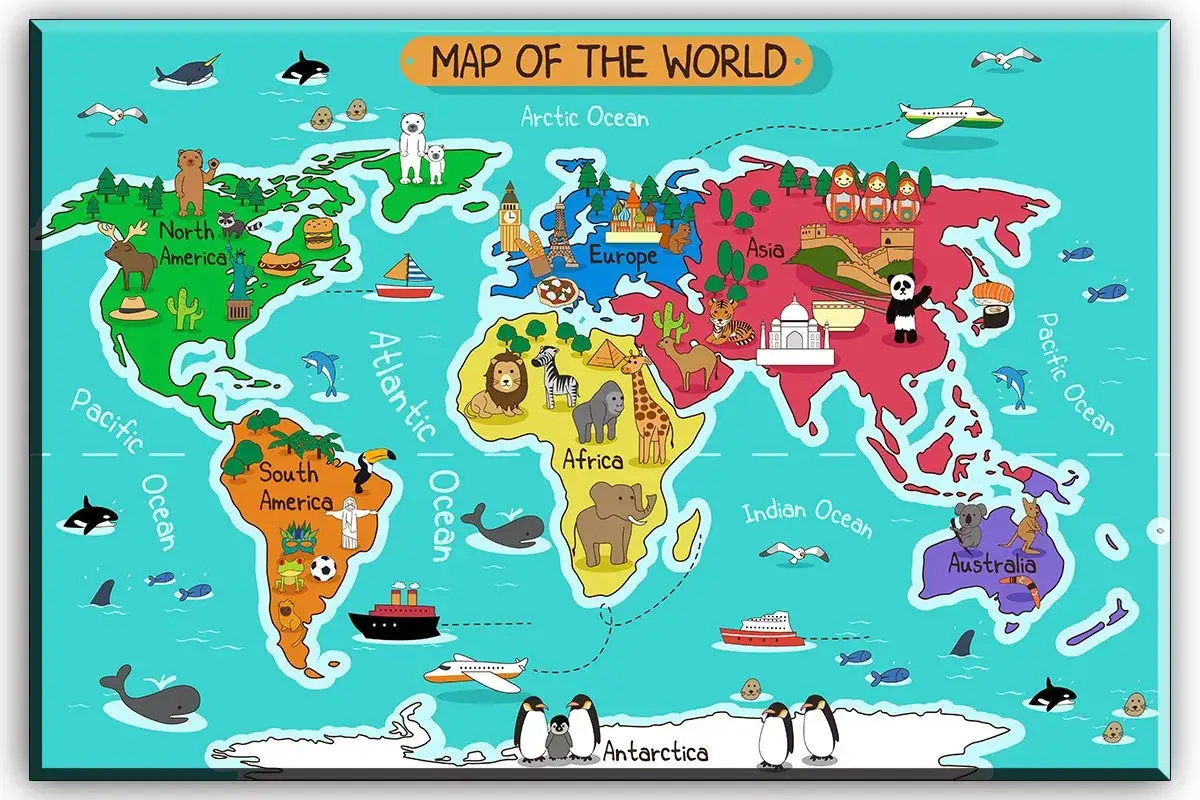 Kolorowa mapa świata z kontynentami, zwierzętami i zabytkami. Poznaj kontynenty świata!