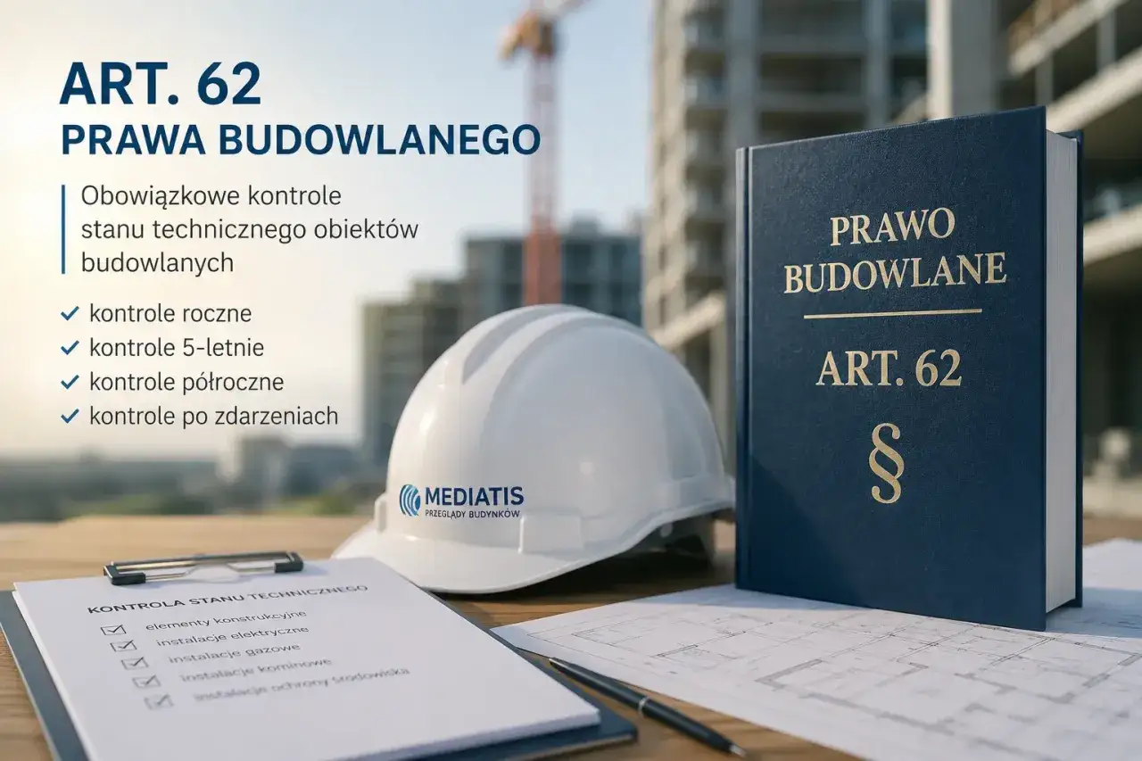 Przeglądy obiektów budowlanych zgodnie z Art. 62 Prawa Budowlanego: kontrole roczne, 5-letnie, półroczne i po zdarzeniach. Kask, prawo i lista kontrolna.