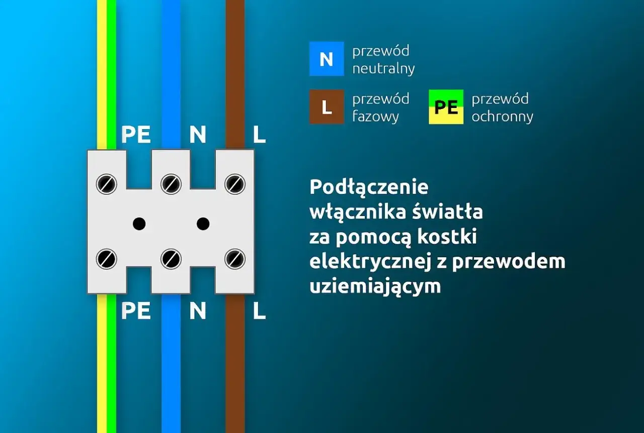 Schemat podłączenia włącznika światła podwójnego za pomocą kostki elektrycznej z przewodem uziemiającym. Widoczne przewody PE, N, L.