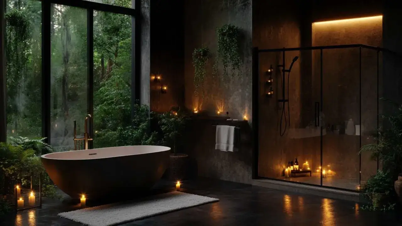 Bagno lussuoso con vasca freestanding, vista foresta, luci soffuse e candele. Un'oasi di relax per un vero spa in casa.