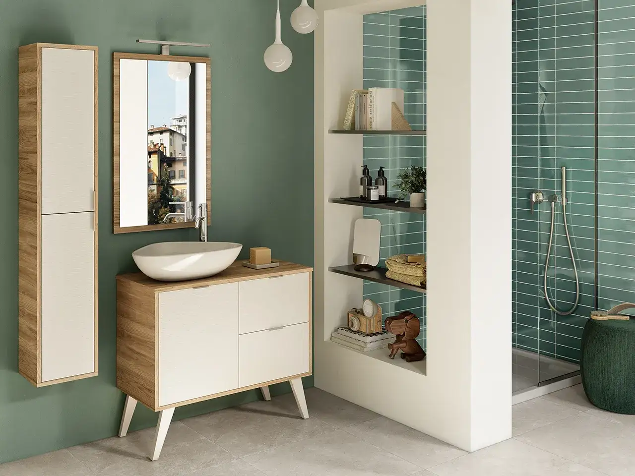 Bagno moderno con mobili in legno e bianco, lavabo a ciotola e doccia con piastrelle verdi. Idee per come rinnovare il bagno senza togliere le piastrelle.