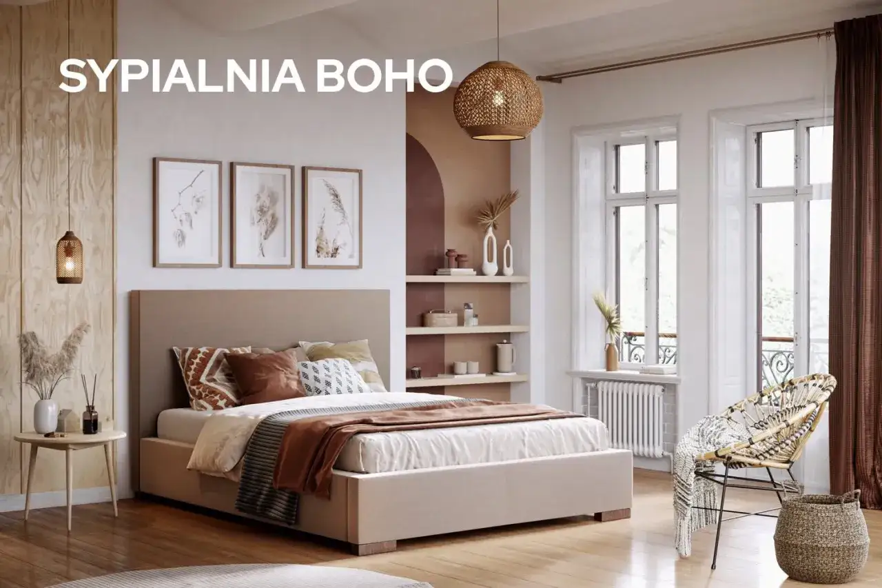 Jak dobrać kolor karnisza do sypialni w stylu boho? Wnętrze z łóżkiem, plecioną lampą i naturalnymi dodatkami.