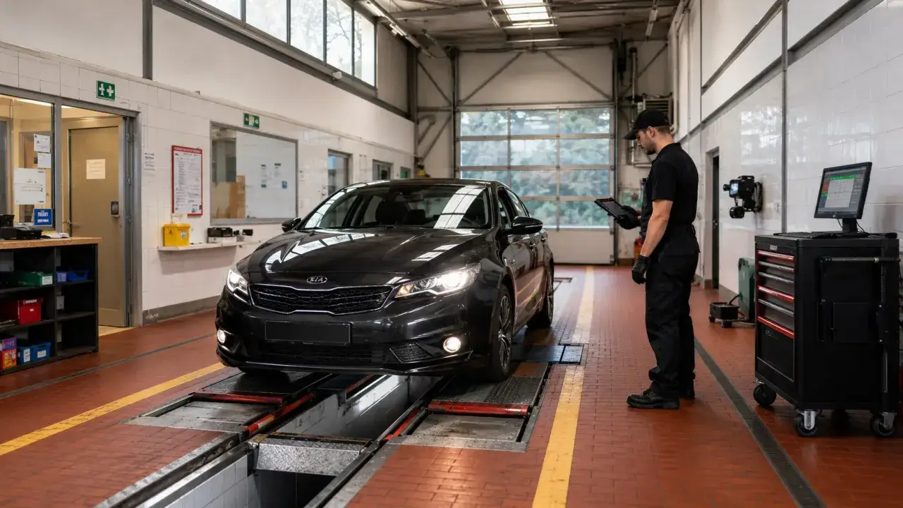 Mechanik sprawdza światła biegu wstecznego czarnego Kia na stanowisku diagnostycznym.