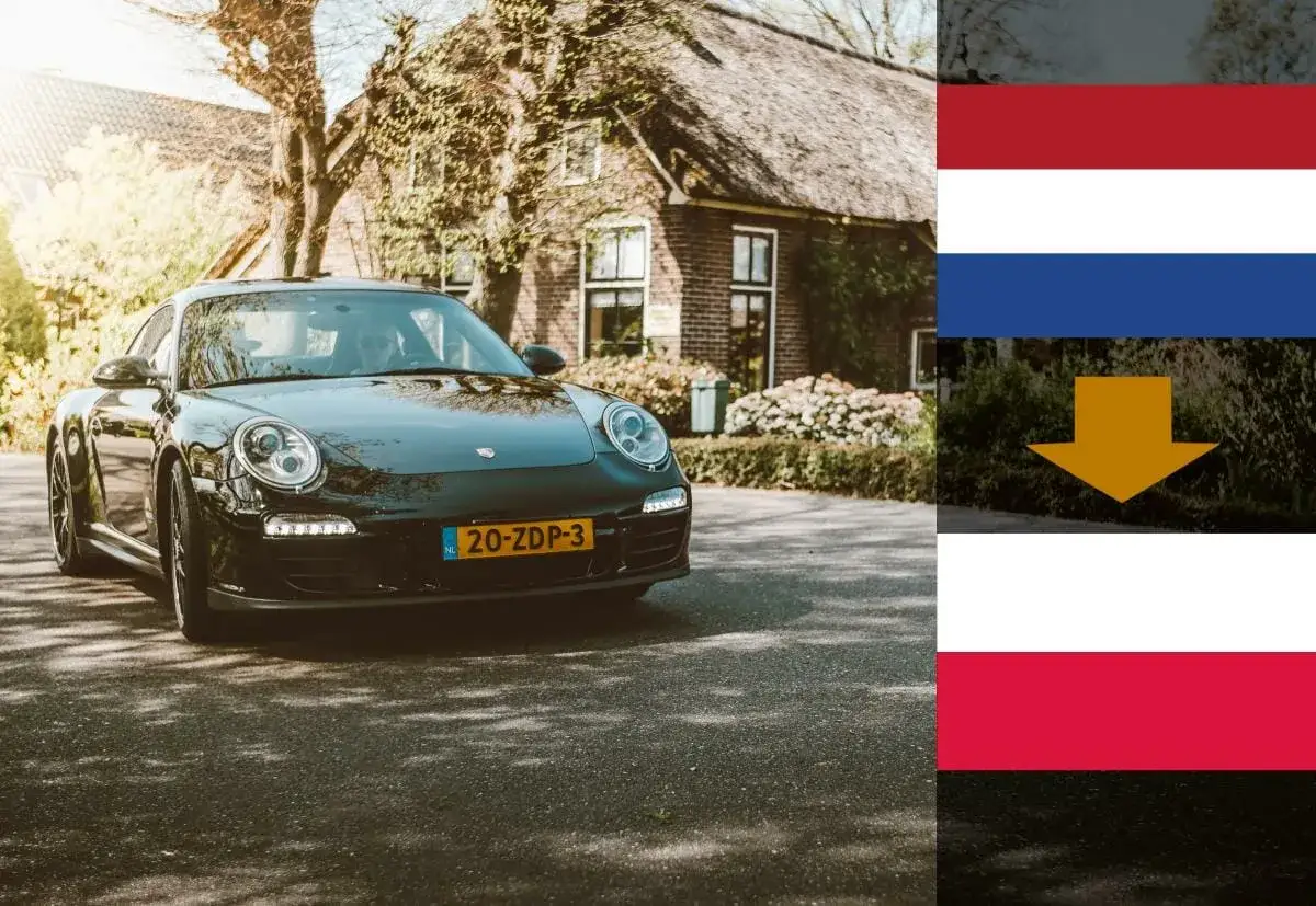 Czarny Porsche na tle holenderskiego domu. Zastanawiasz się, ile kosztuje sprowadzenie auta z Holandii?