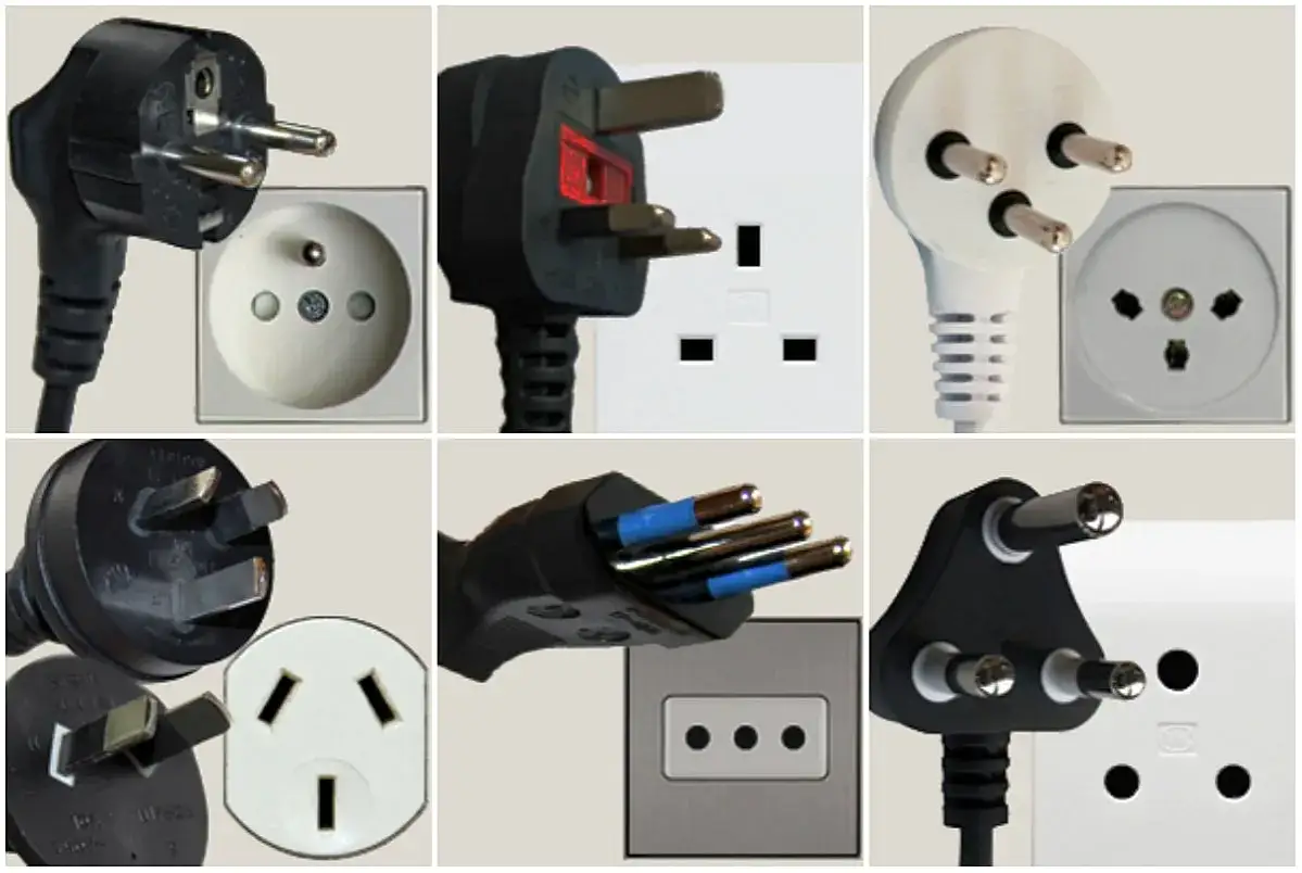 Różne rodzaje gniazdek elektrycznych i wtyczek z całego świata.