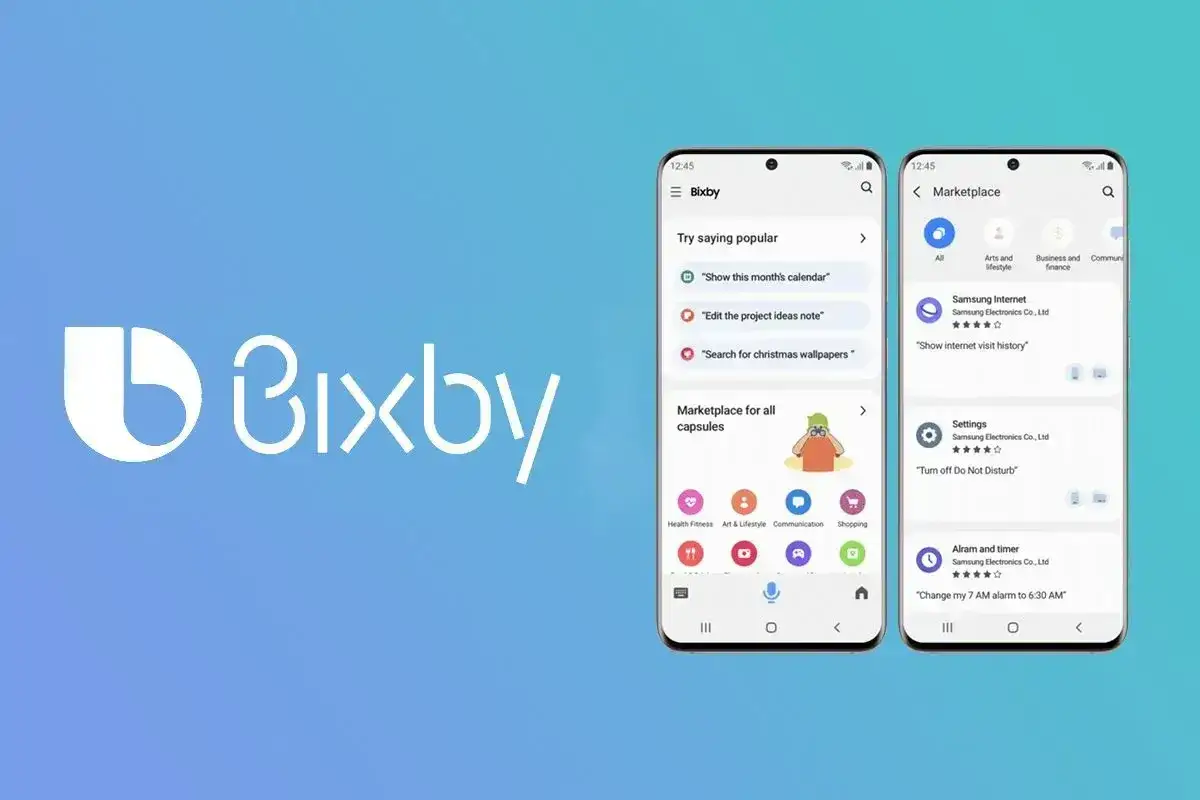 Bixby to asystent głosowy Samsunga. Na ekranach telefonów widać jego interfejs, propozycje poleceń i marketplace.