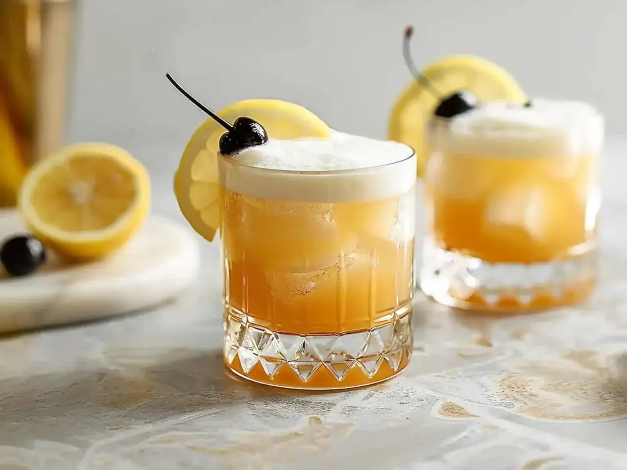 Två frodiga whiskey sour-drinkar med citronskiva och körsbär, redo att avnjutas.