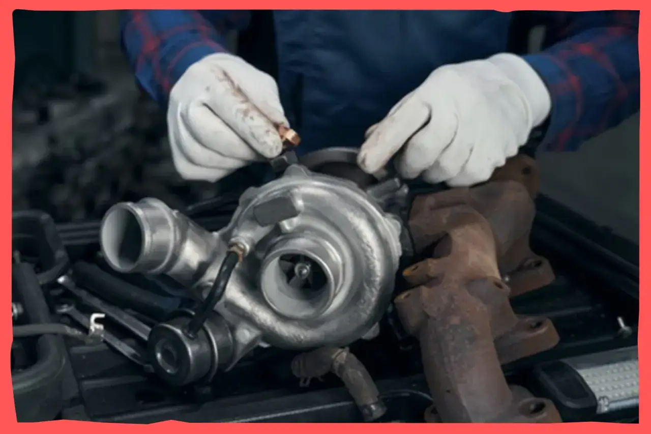 Mechanik w białych rękawiczkach montuje turbosprężarkę. Dowiedz się, dlaczego turbina świszczy na niskich obrotach i jak temu zaradzić.