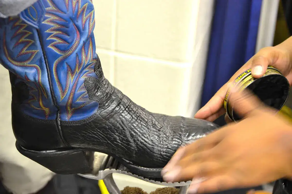 Pflege für Reitstiefel: Eine Hand poliert den schwarzen Lederfuß eines Cowboystiefels mit blauem Schaft, während die andere Hand eine Dose Schuhcreme hält.