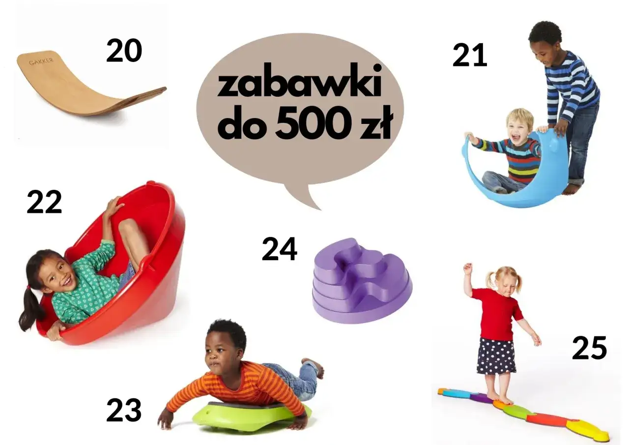 Dzieci bawią się zabawkami rozwijającymi zmysły: huśtawka, ślizgawka, równoważnia. Stymulacja sensoryczna w ruchu.
