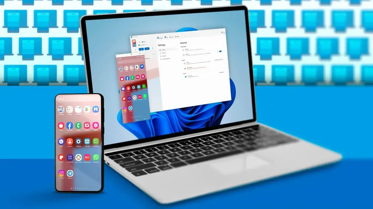 Łącze do Windows: smartfon z aplikacjami obok laptopa z otwartym oknem ustawień.