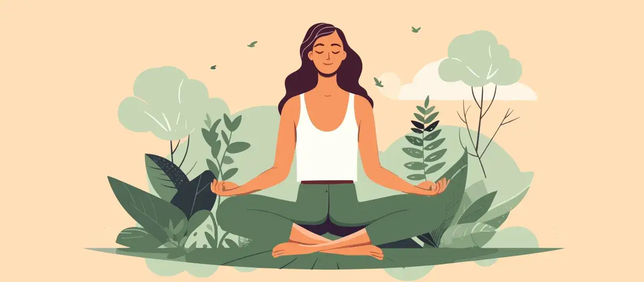Frau in Lotusposition inmitten von Gr&uuml;npflanzen, die tiefe Entspannung und Selbstbewusstsein durch Meditation ausstrahlt.