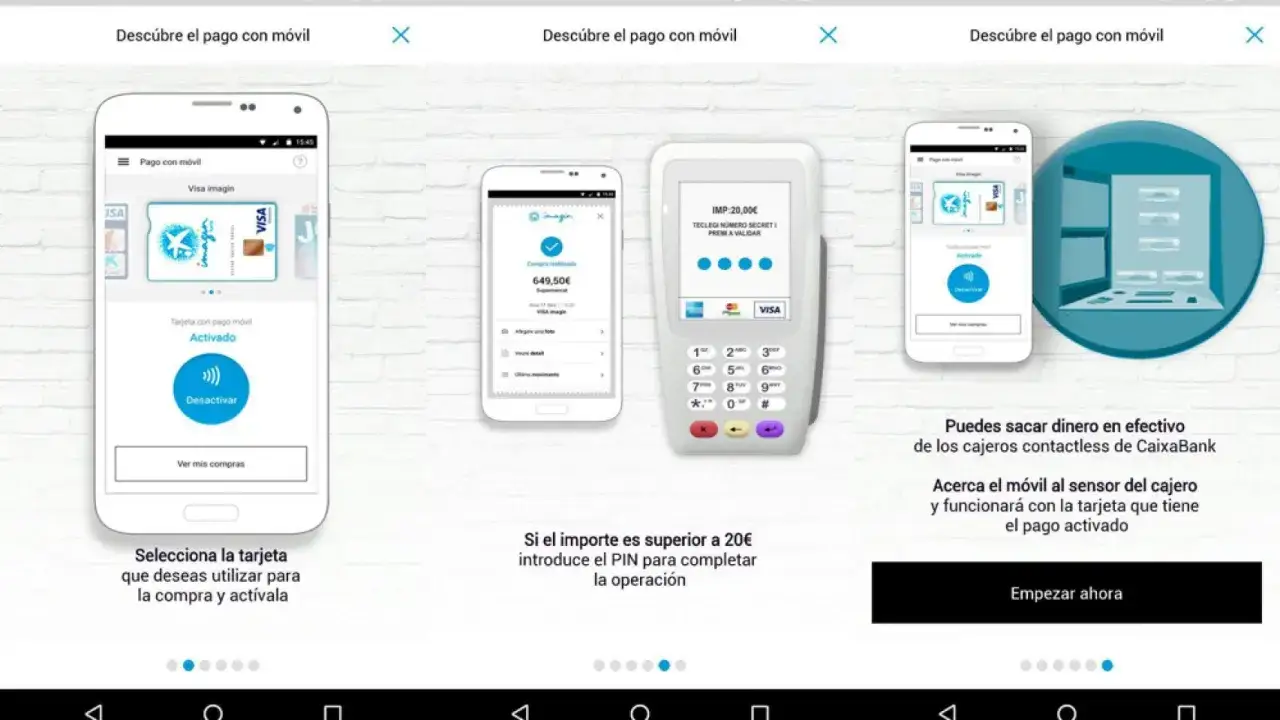 Imaginbank opiniones: Pantallas muestran pago móvil con Visa imagin, compra realizada y retiro de efectivo en cajeros contactless.