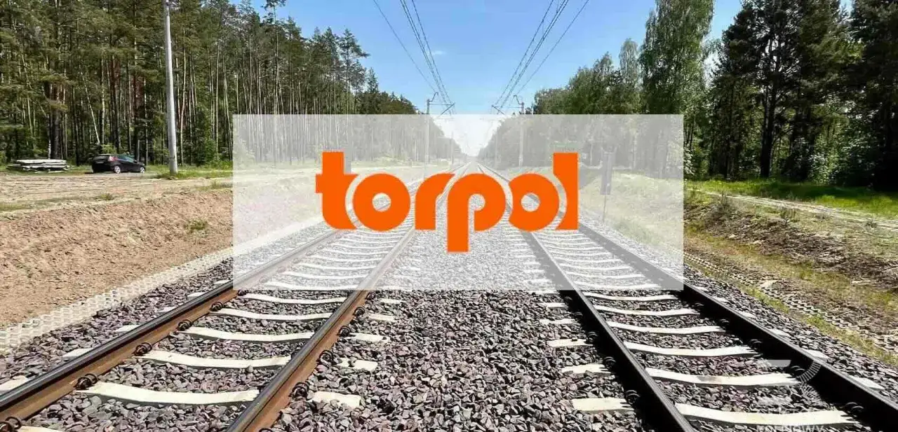Nowe tory kolejowe, budowane przez Torpol, w otoczeniu lasu.
