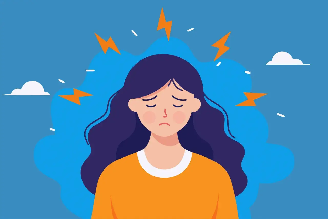 En illustration av en person med m&ouml;rkt h&aring;r och en orange tr&ouml;ja. &Aring;skliknande blixtar omger huvudet, vilket symboliserar stickningar i ansiktet stress.