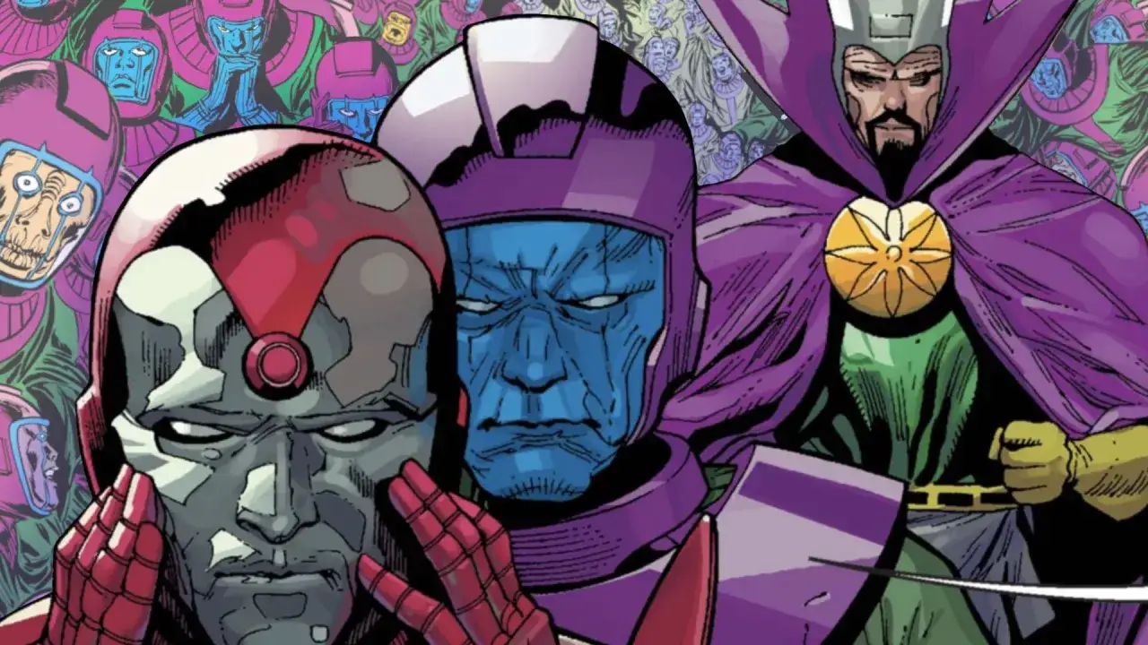 Plusieurs kang variants, aux visages bleus et gris, se tiennent au premier plan. Derrière eux, une armée de kang variants en armure violette.