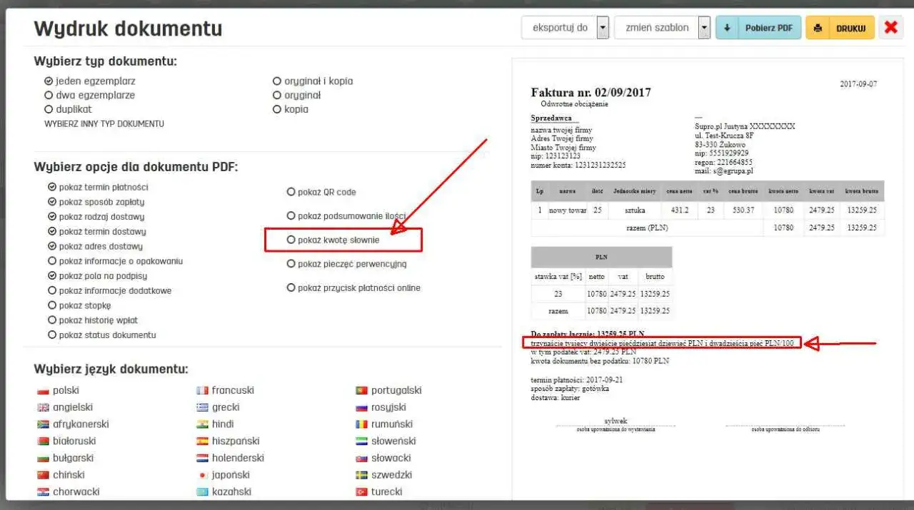 fragment umowy lub faktury z kwotą zapisaną słownie