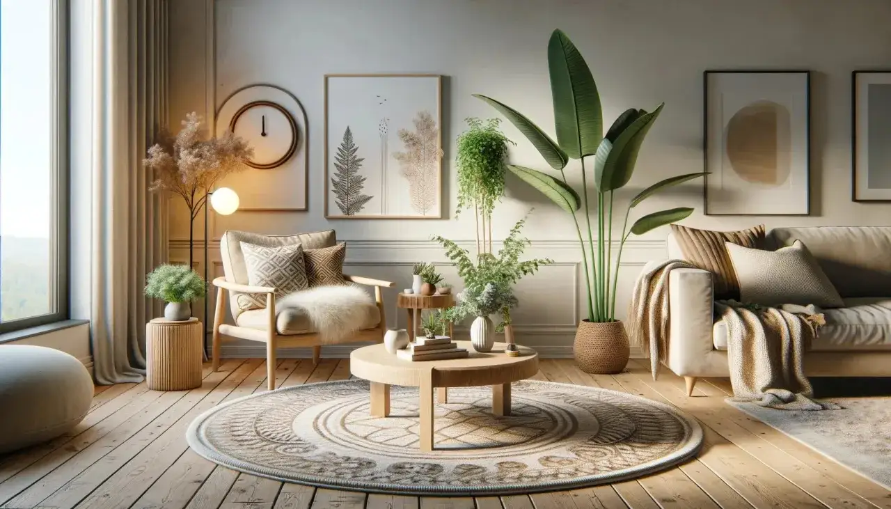 Salon cosy avec fauteuil, canap&eacute;, table basse et plantes vertes. Une belle id&eacute;e d&eacute;co plante interieur pour une ambiance naturelle et apaisante.