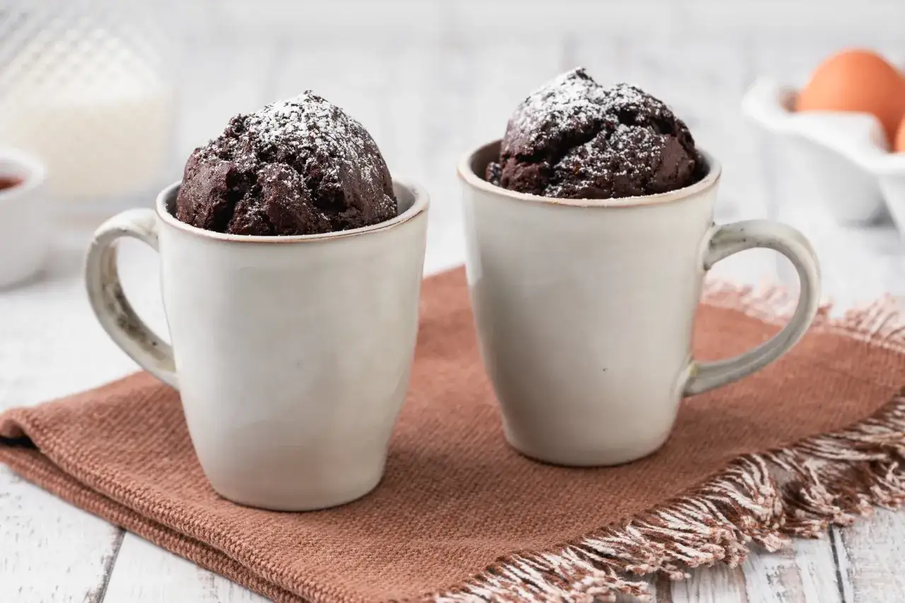 Due mug cake al cioccolato, spolverati di zucchero a velo, pronti per essere gustati.