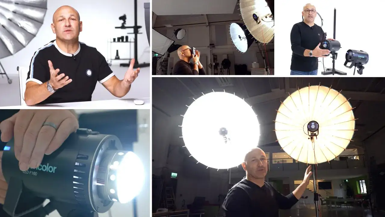 Comparing continuous light vs flash setups. A man demonstrates lighting equipment, showing a bright LED light and large softboxes.