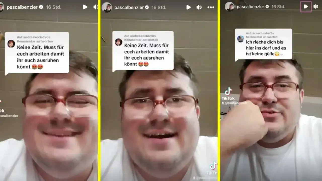 Mann mit Brille reagiert auf Kommentare, darunter