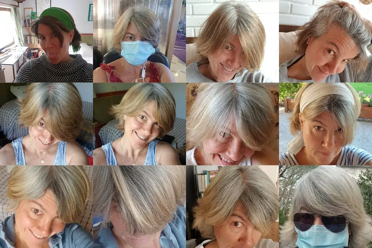 Collage de autorretratos de una mujer mostrando su pelo canoso en diferentes momentos, con y sin mascarilla, y con accesorios.