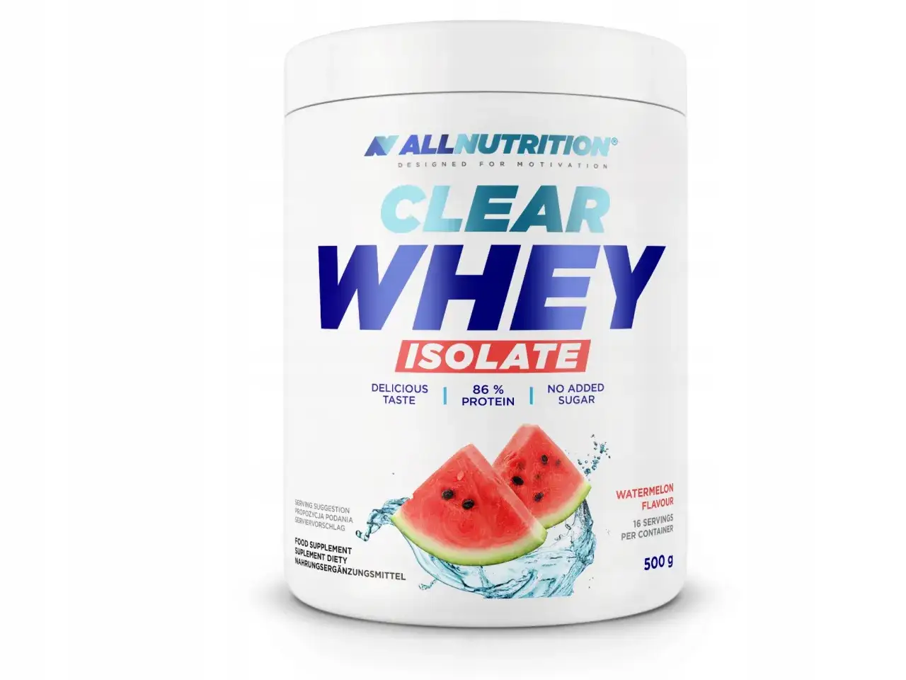 Allnutrition Clear Whey Isolate o smaku arbuza. Pomoże Ci określić, ile białka dziennie potrzebujesz. 86% białka, bez dodatku cukru.