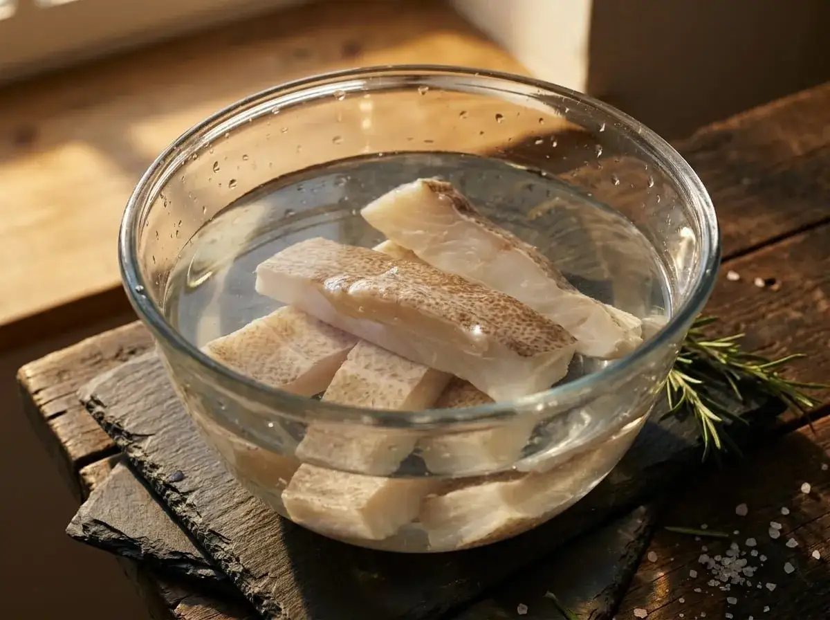 Trozo de bacalao sumergido en agua para desalar.