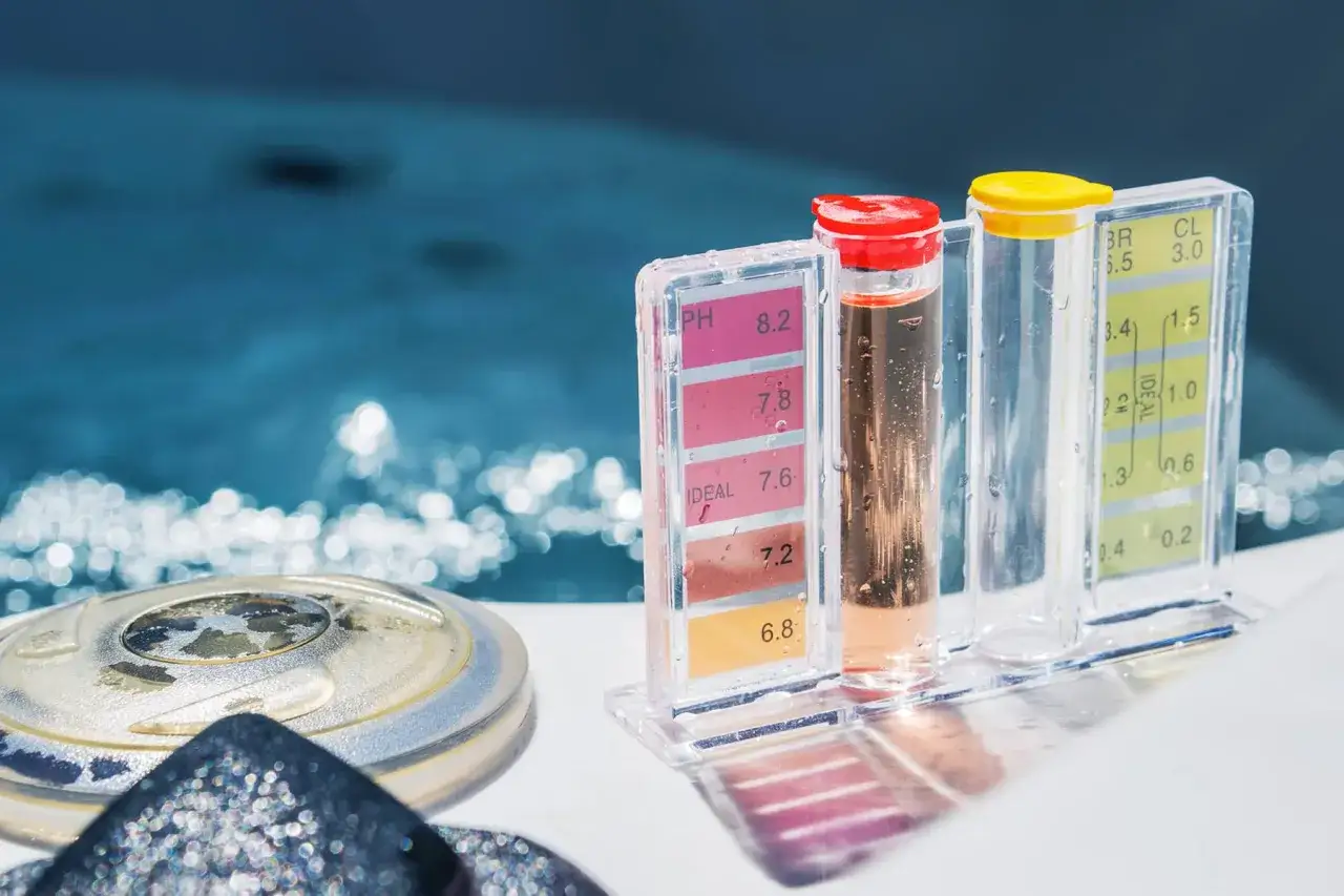 Pool-Testger&auml;t zeigt Wasserwerte an. Mit Hausmitteln Chlor im Pool senken, um den idealen pH-Wert zu erreichen.