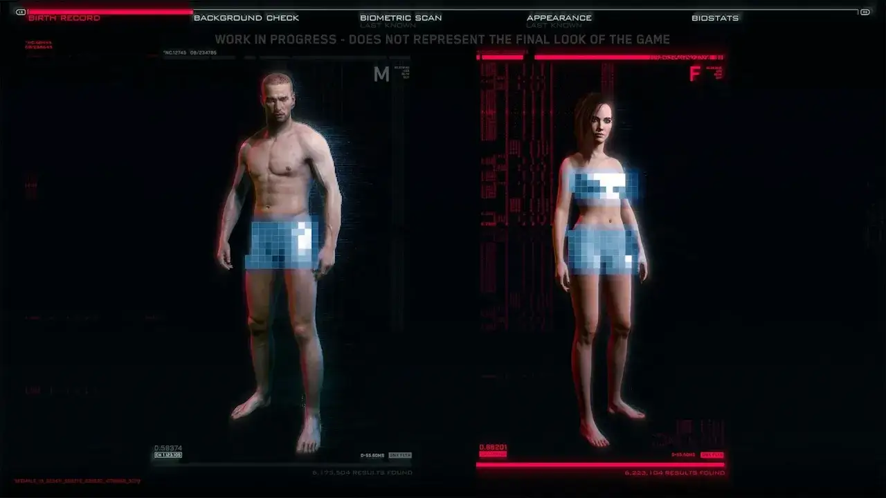Cyberpunk 2077 build postaci: ekran tworzenia postaci z mężczyzną i kobietą, oboje z pikselowymi cenzurami.