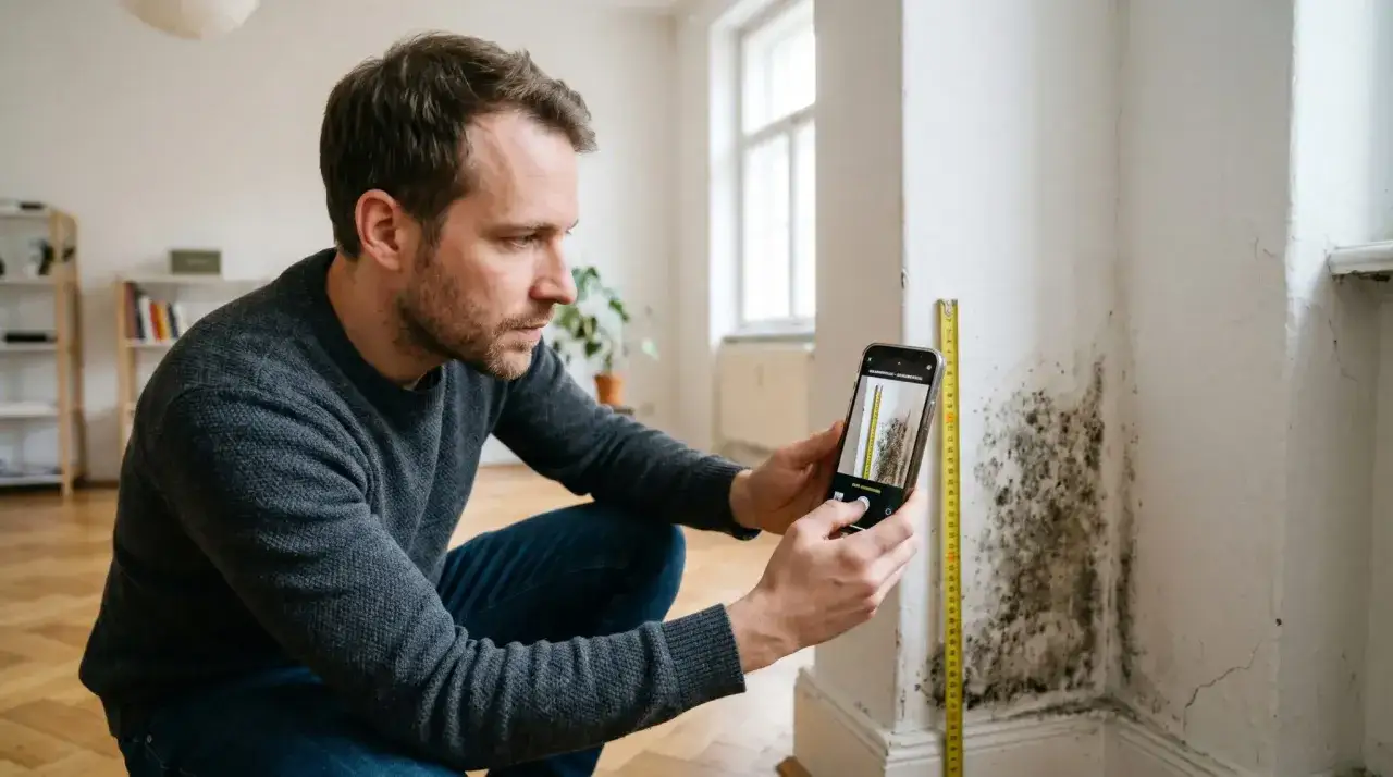 Mann dokumentiert Schimmelbefall an der Wand mit dem Handy und Maßband, um den Vermieter zu informieren.