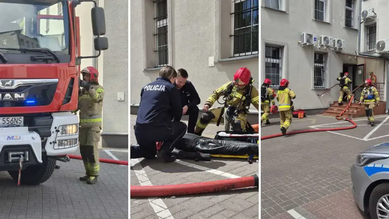 Strażacy i policja reagują na wezwanie. Syreny alarmowe ucichły, gdy ratownicy przygotowują sprzęt.