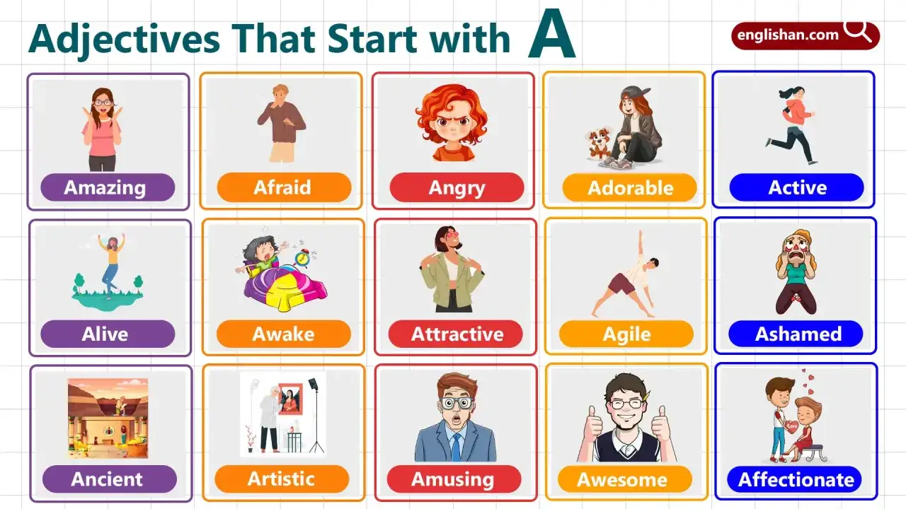 Immagini che illustrano aggettivi in inglese con la A: Amazing, Afraid, Angry, Adorable, Active, Alive, Awake, Attractive, Agile, Ashamed, Ancient, Artistic, Amusing, Awesome, Affectionate.