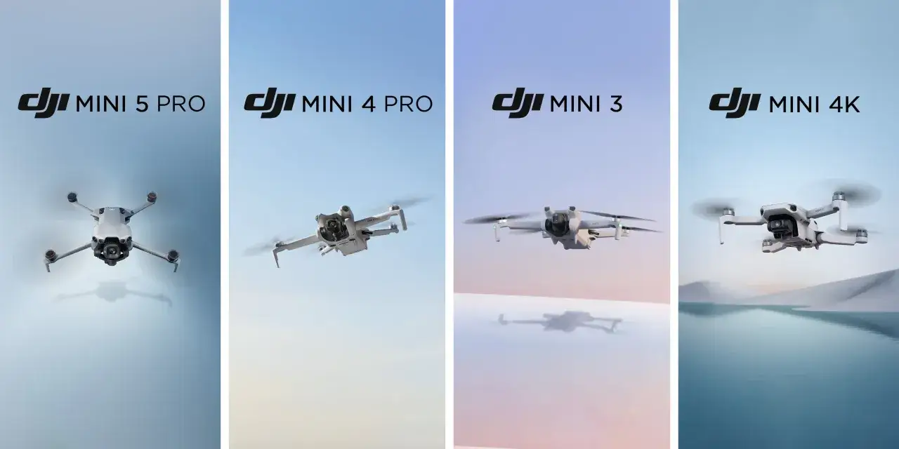 Cztery modele dronów DJI Mini: Mini 5 Pro, Mini 4 Pro, Mini 3 i Mini 4K, unoszące się na tle nieba.