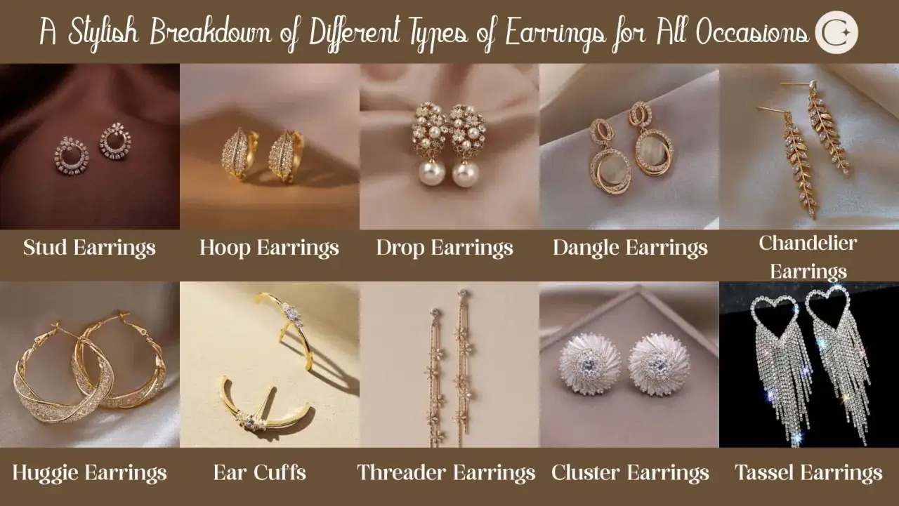 A stylish breakdown of different earring styles, showcasing studs, hoops, drops, dangles, chandeliers, huggies, ear cuffs, threaders, clusters, and tassels.