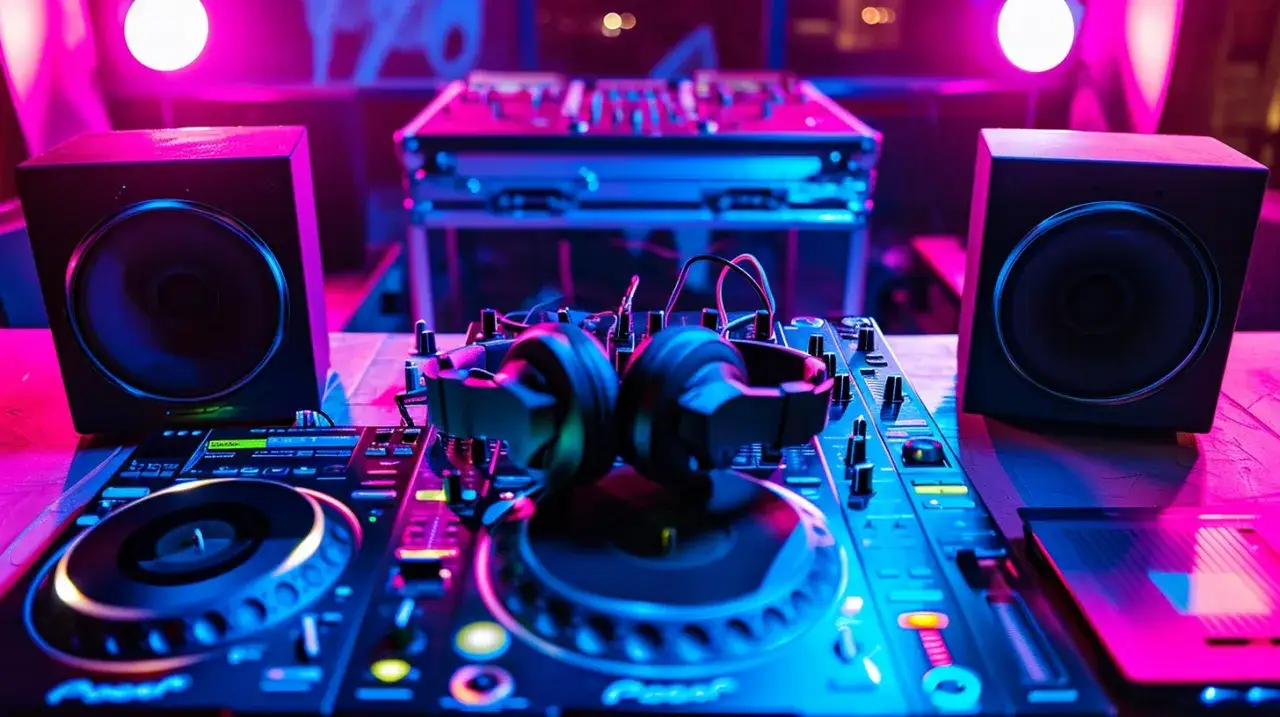 Słuchawki na konsoli DJ-skiej, gotowe do miksowania energetycznych phonk songs. Głośniki i światła tworzą atmosferę klubu.