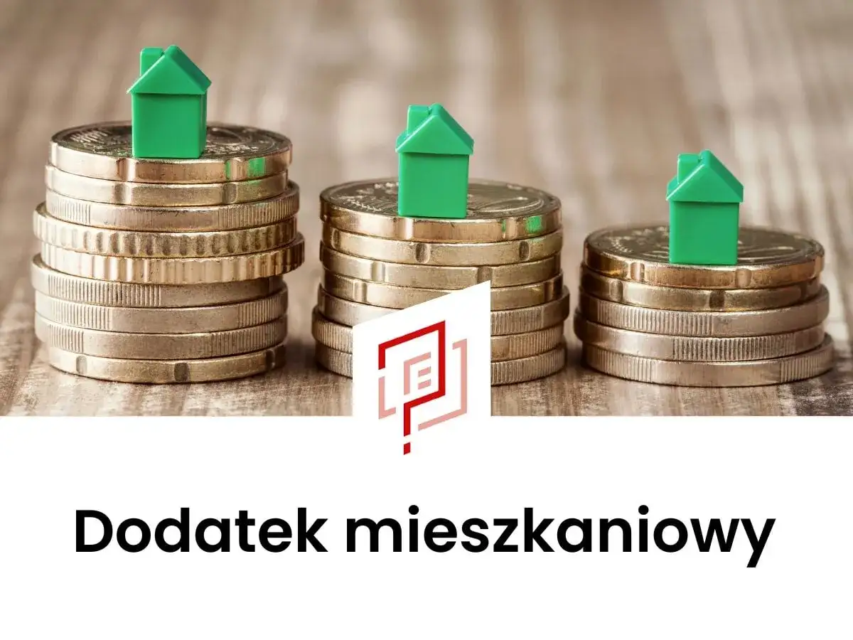 Zielone domki na stosach monet symbolizują dofinansowanie do wynajmu mieszkania.