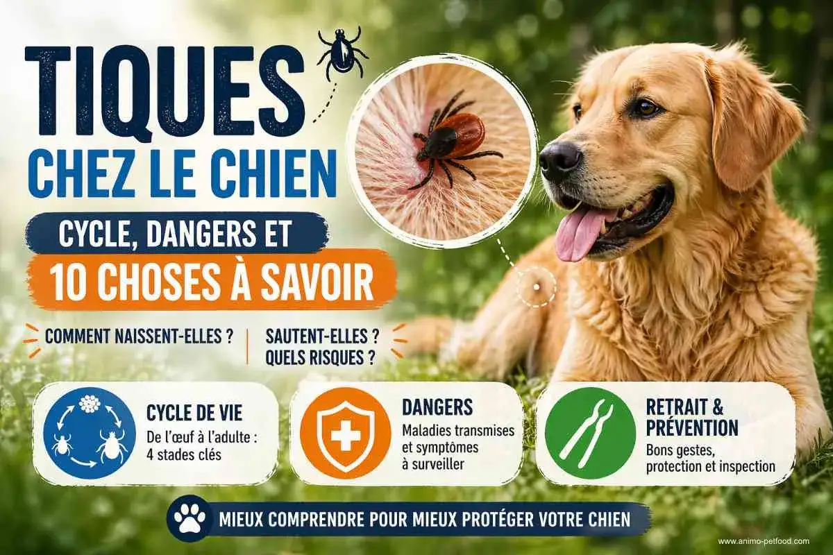 Un chien Golden Retriever est montré, avec une tique sur sa peau. L'image informe sur les tiques chez le chien, leur cycle, dangers et prévention.
