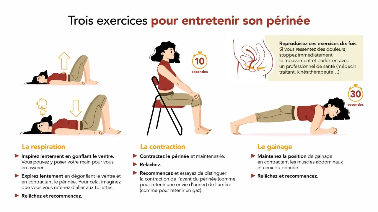 Trois exercices pour la rééducation périnéale femme : respiration, contraction et gainage. Des illustrations montrent les postures et les instructions.