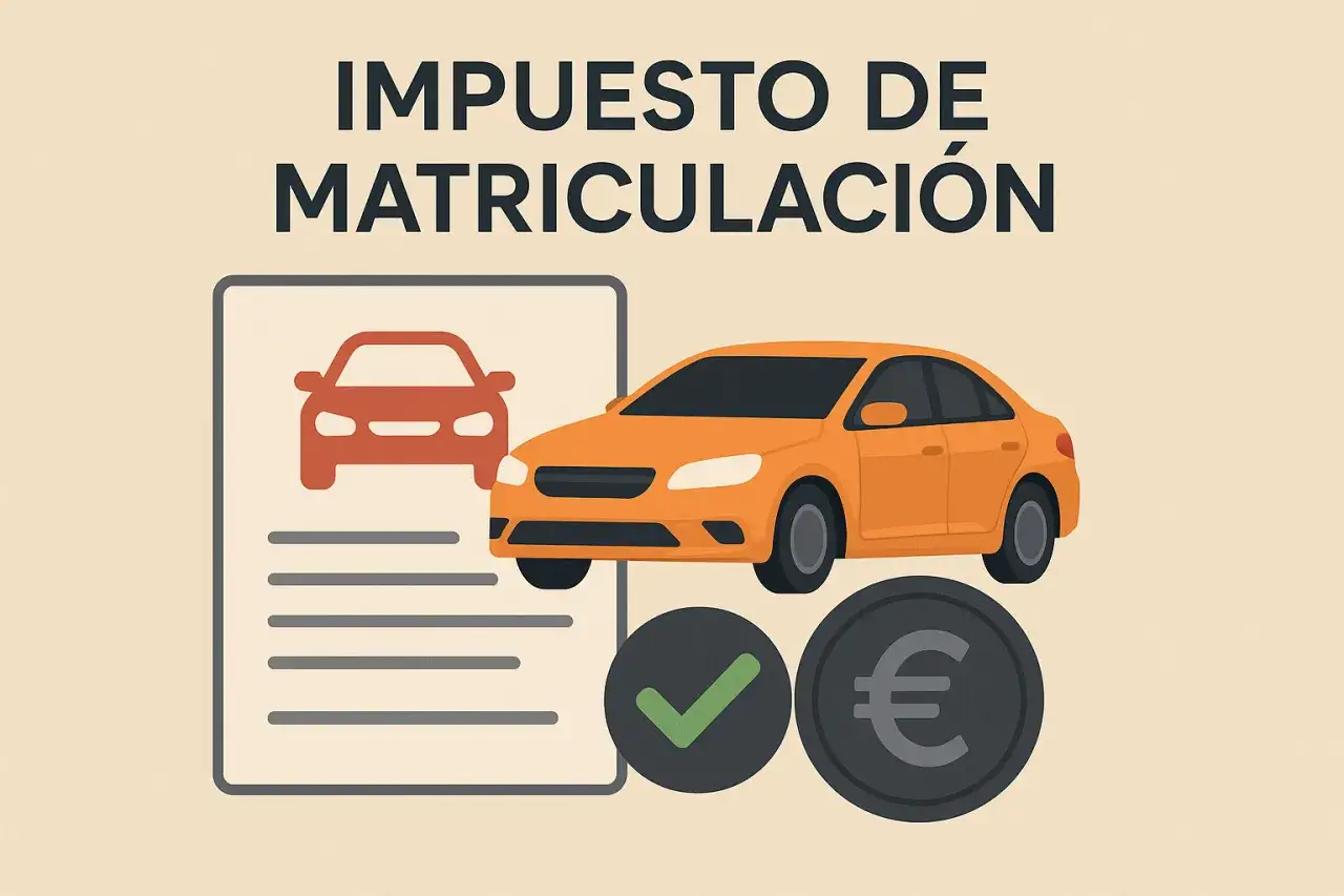Documento con coche y moneda de euro, indicando el impuesto matriculación coche.