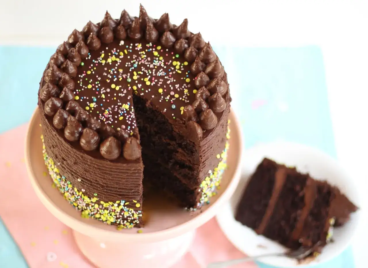 Eine schokotorte einfach, mit Schokoglasur und bunten Streuseln verziert. Ein St&uuml;ck liegt auf einem Teller daneben.