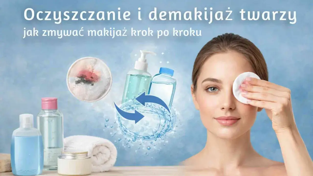 Kobieta z wacikiem usuwa makijaż. Czy po płynie micelarnym myć twarz? Woda, kosmetyki i ręcznik.