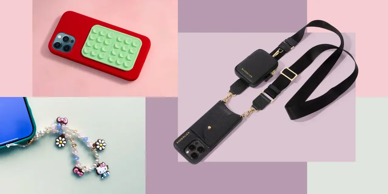 Urocze gadżety na Androida: czerwone etui z zielonym uchwytem, smycz z Hello Kitty i czarna torba na telefon z paskiem.