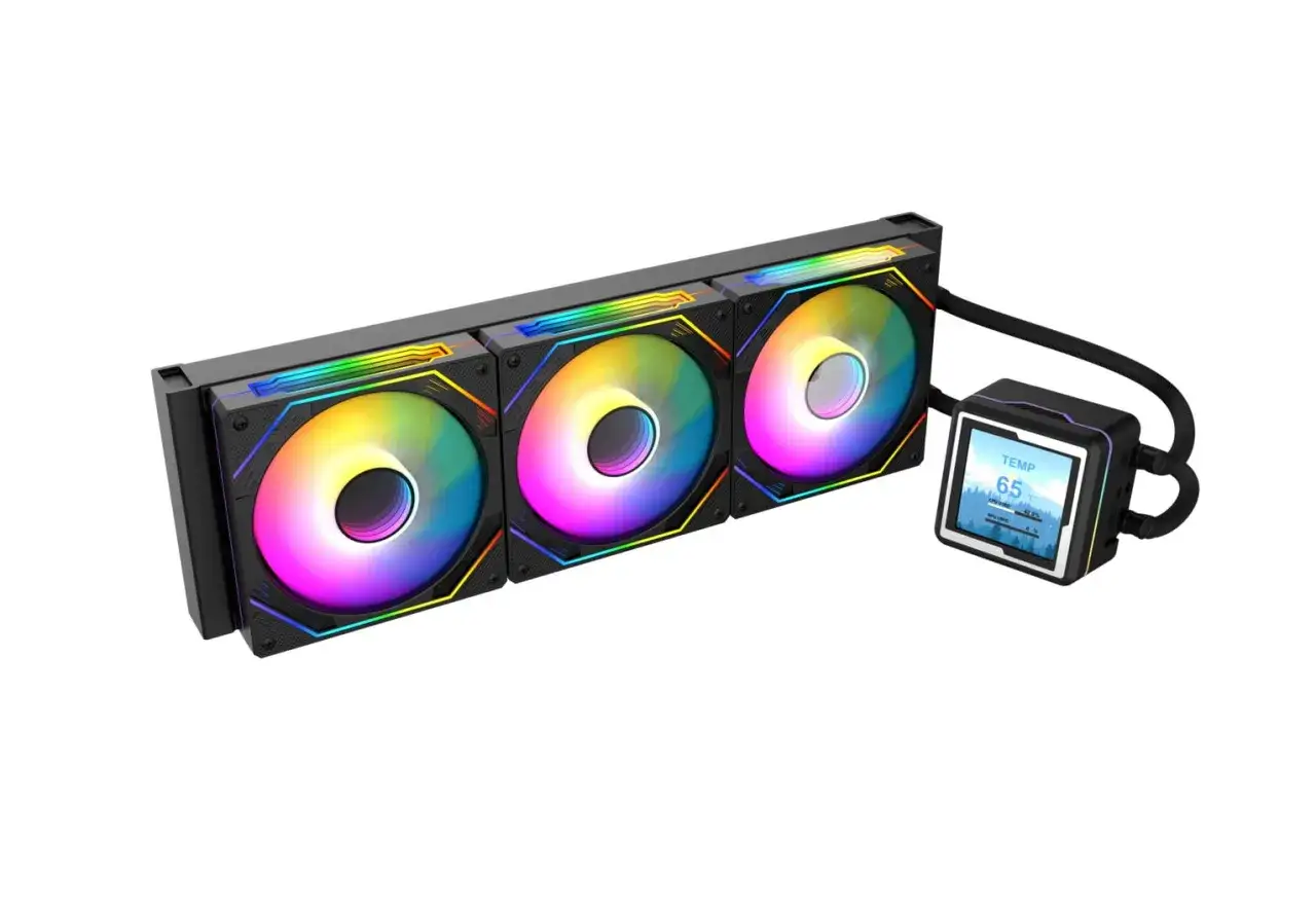 AIO mit Display: Drei RGB-Lüfter und eine Pumpe mit kleinem Bildschirm, der die Temperatur anzeigt.
