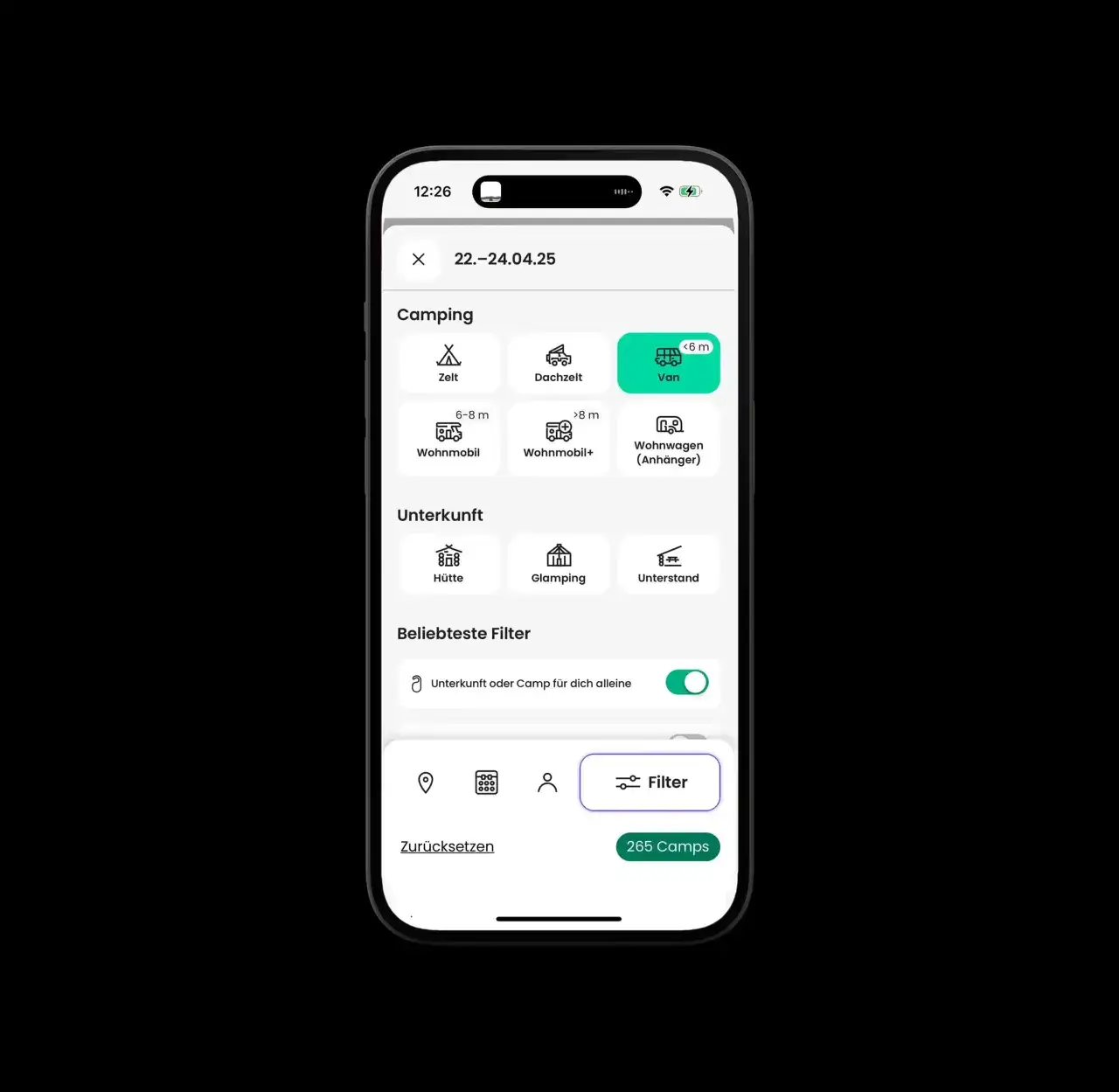Screenshot einer Stellplatz-App mit Filteroptionen für Service und Preis