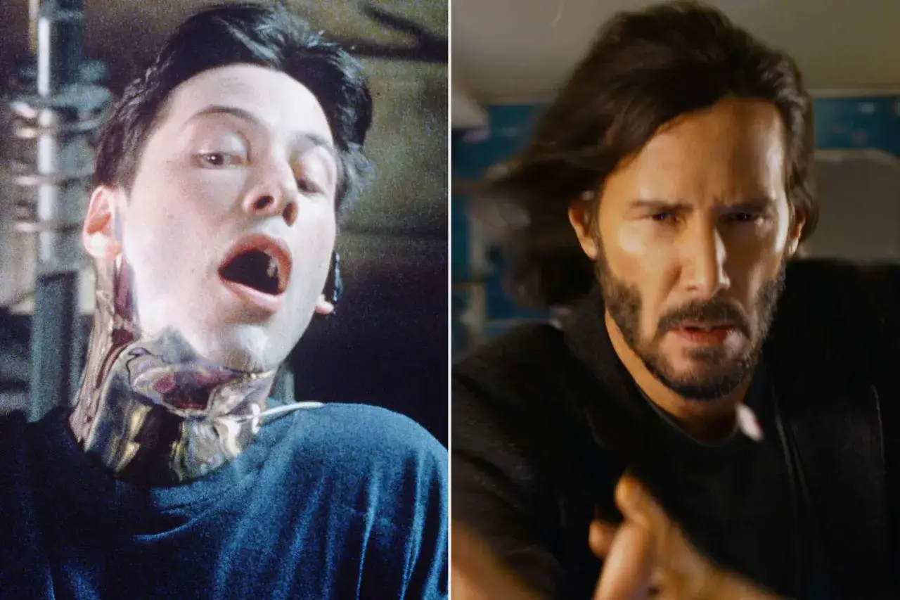 Keanu Reeves som Neo i Matrix, f&ouml;rst med maskinanslutningar, sedan som en &auml;ldre man med sk&auml;gg.