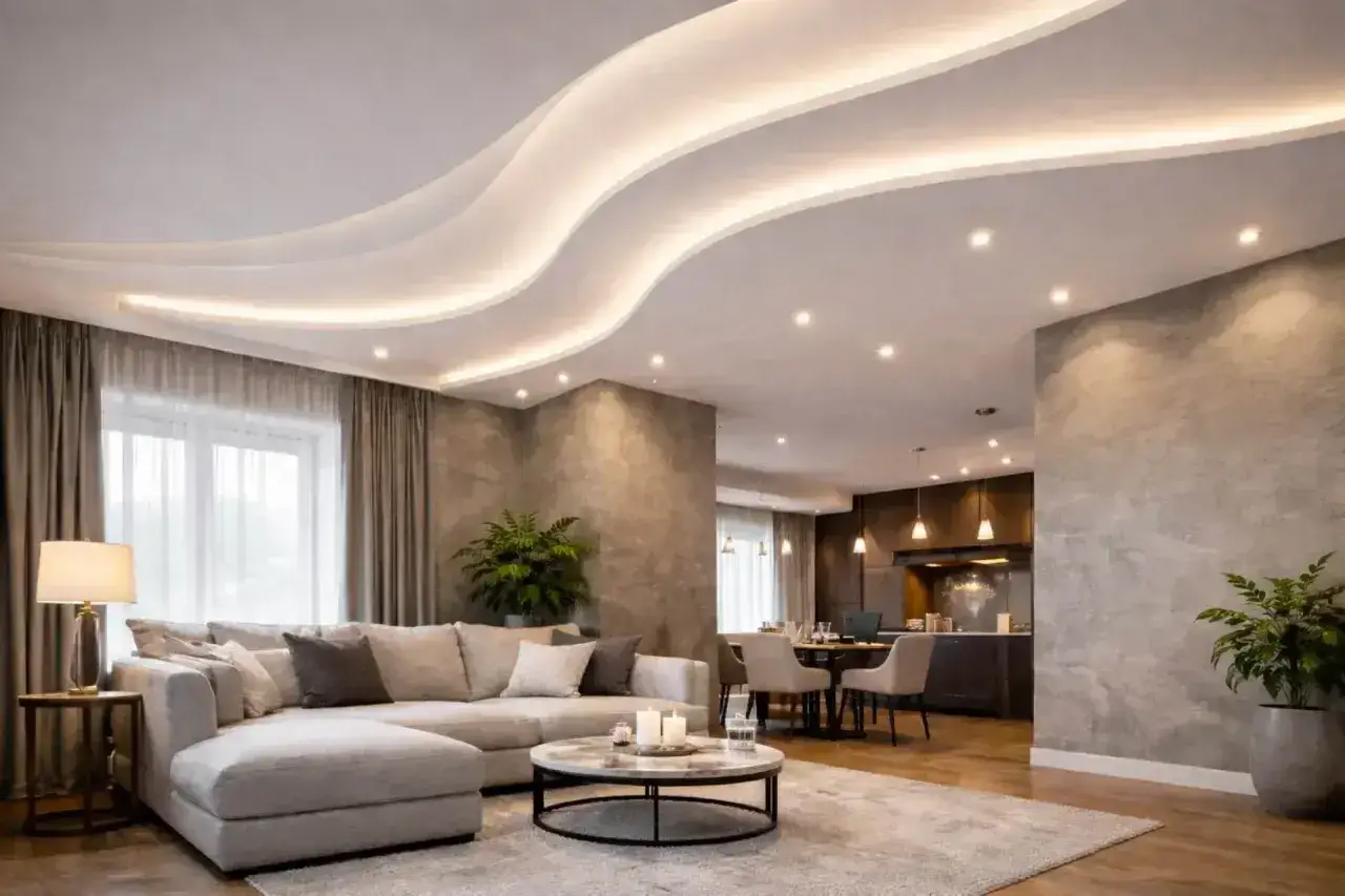Nowoczesny salon z falującym sufitem i oświetleniem punktowym bez sufitu podwieszanego. Wygodna sofa, stolik kawowy i jadalnia w tle.