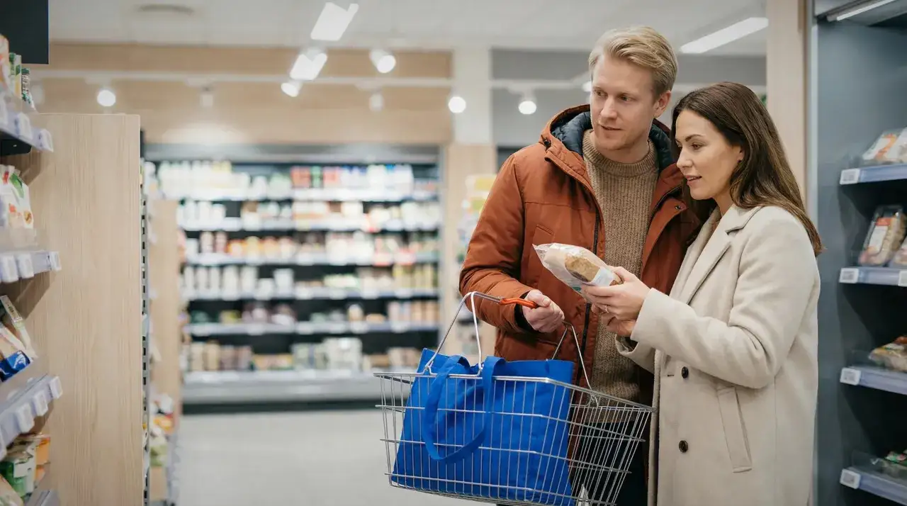 Para dyskutuje o cenach w Szwecji, przeglądając produkty w sklepie spożywczym.